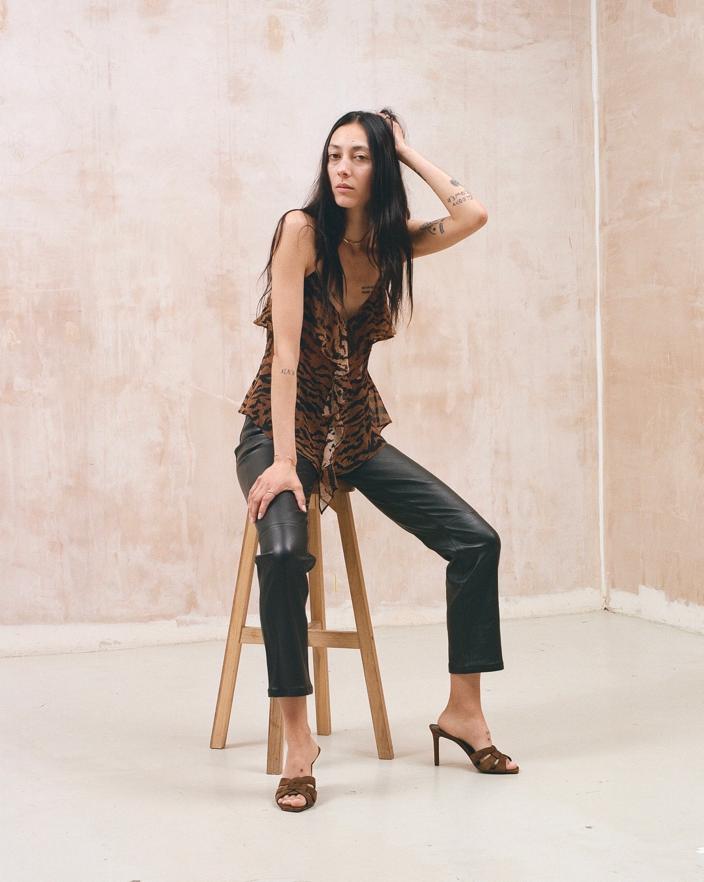 Silk tiger leopard print ruffle front cami top