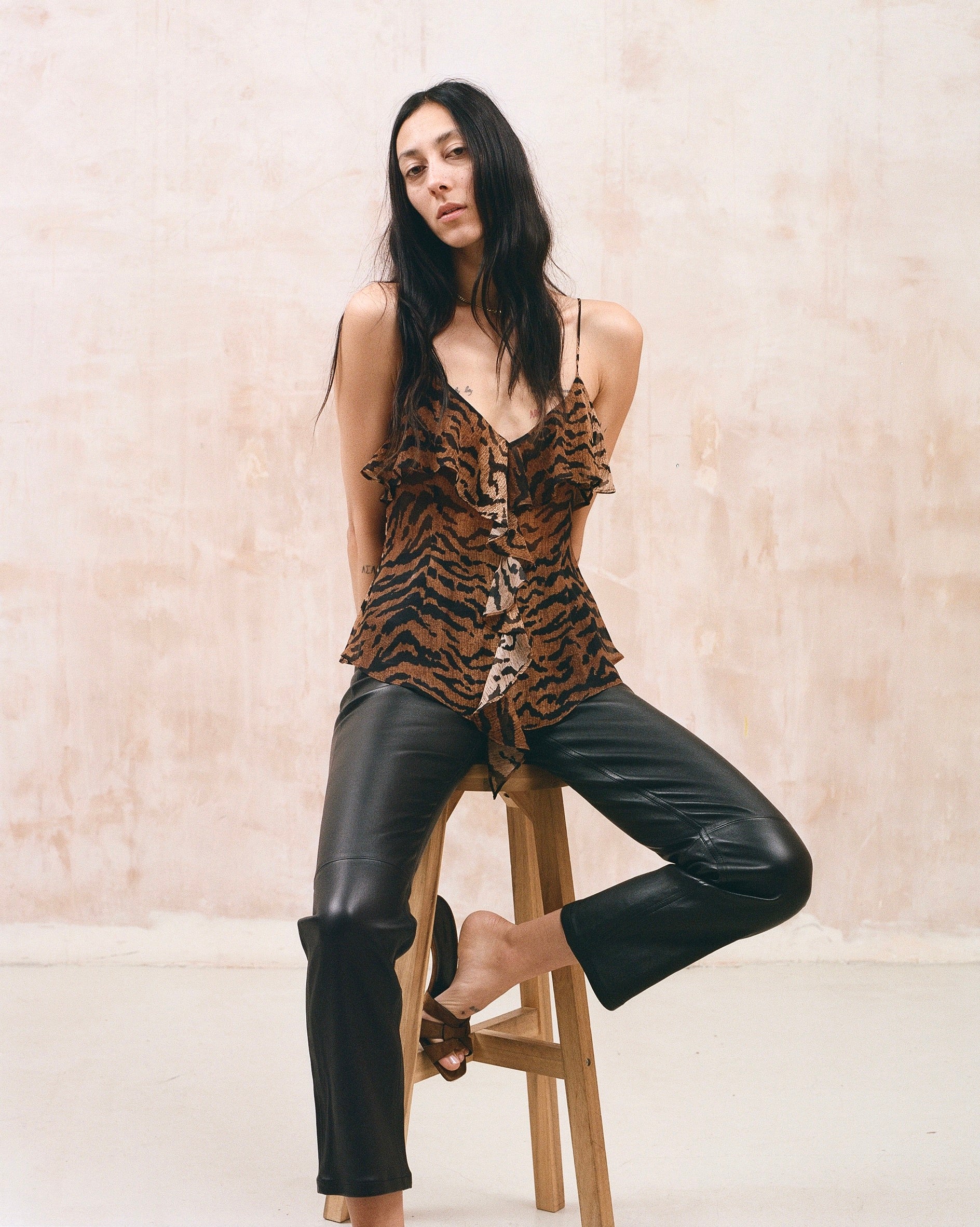 Silk tiger leopard print ruffle front cami top