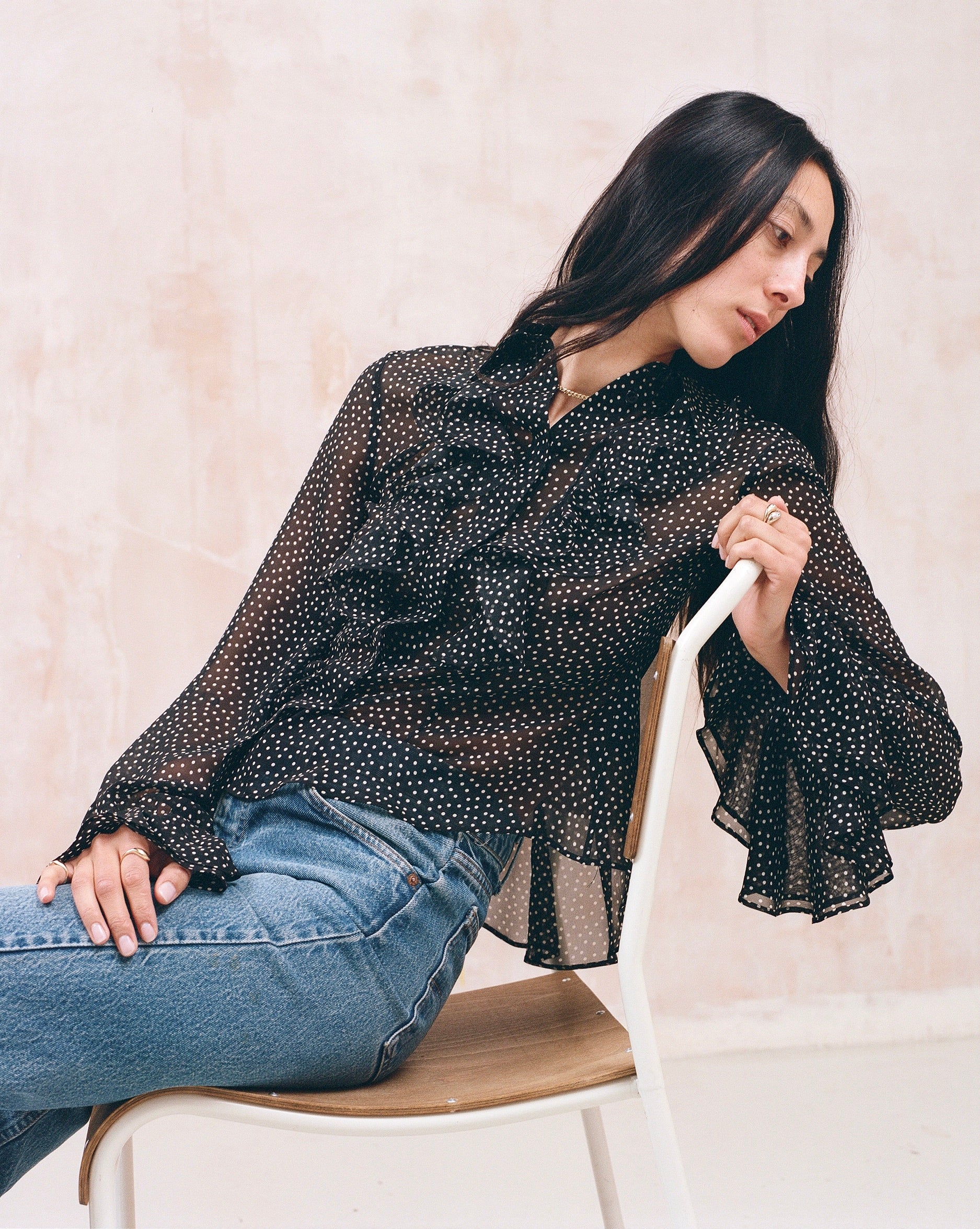 Black and white polka dot spot ruffle blouse with frill cuff