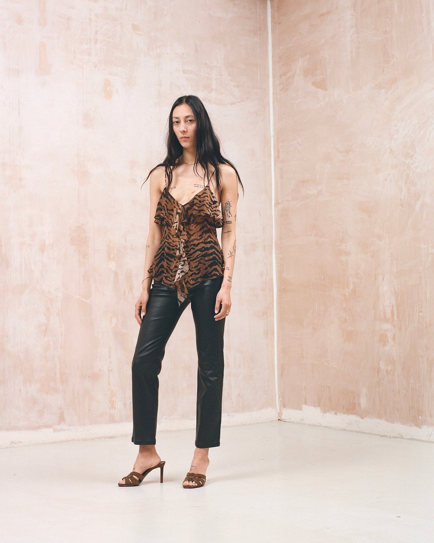 Silk tiger leopard print ruffle front cami top