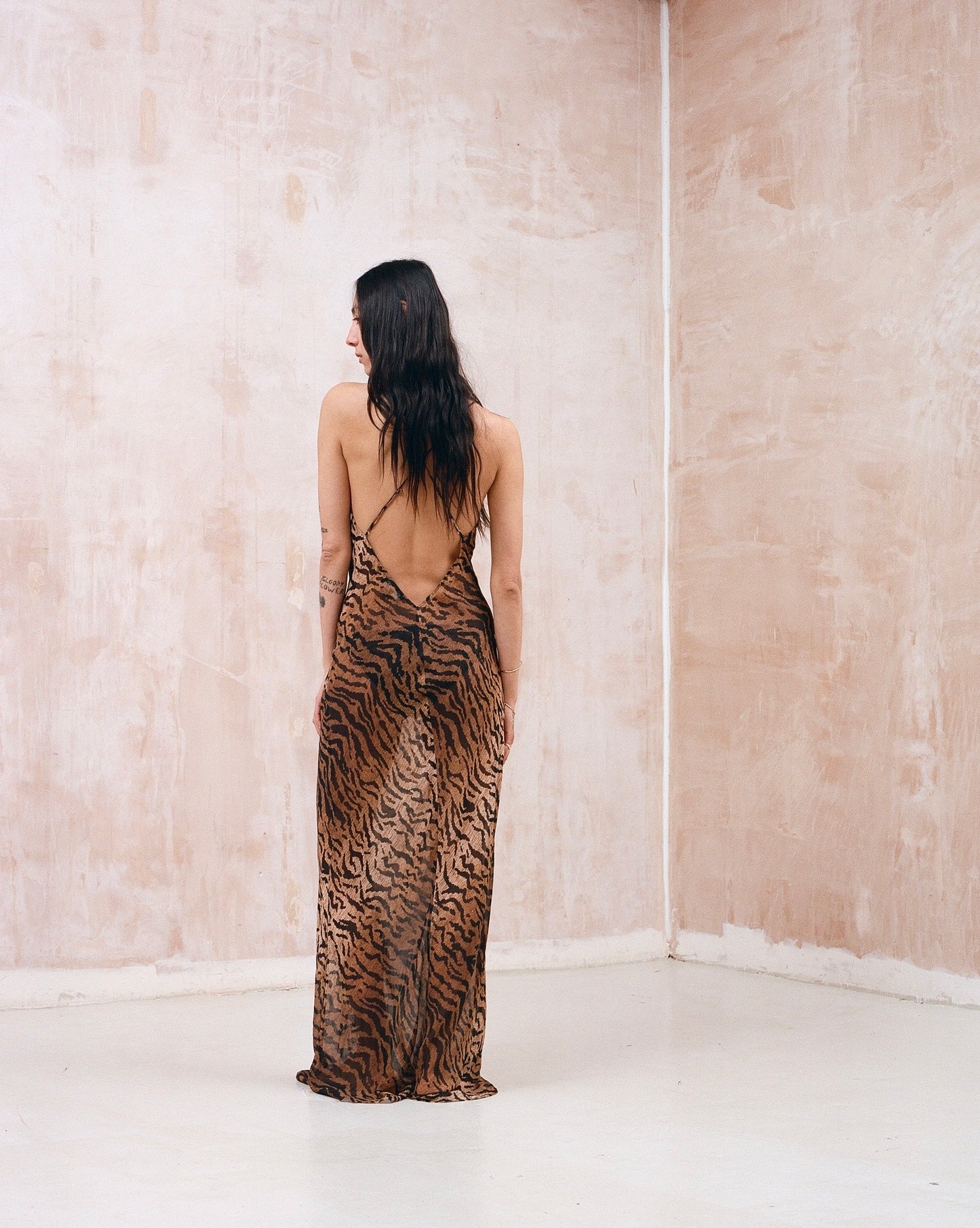 Tiger leopard print silk slip dress backless