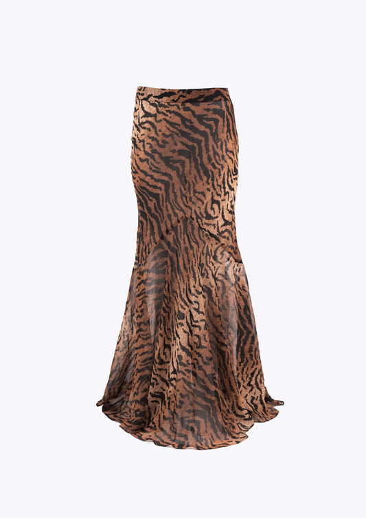 Leopard and tiger print silk maxi skirt