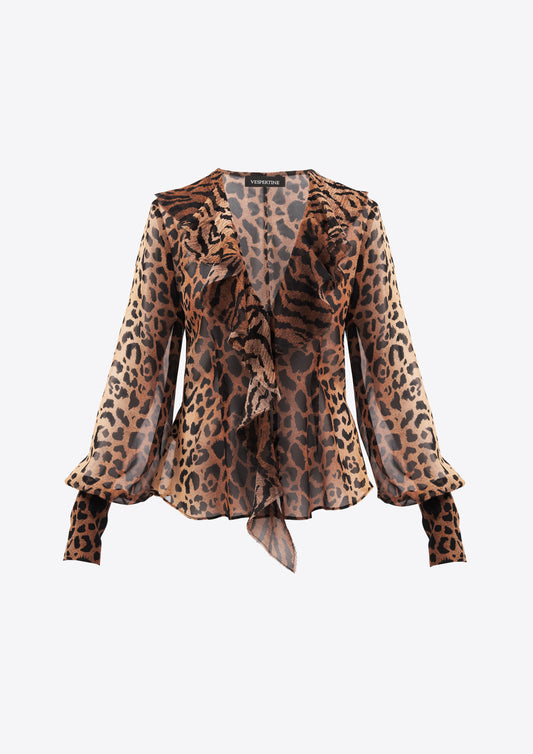 Leopard print silk blouse with ruffle front and button through opening