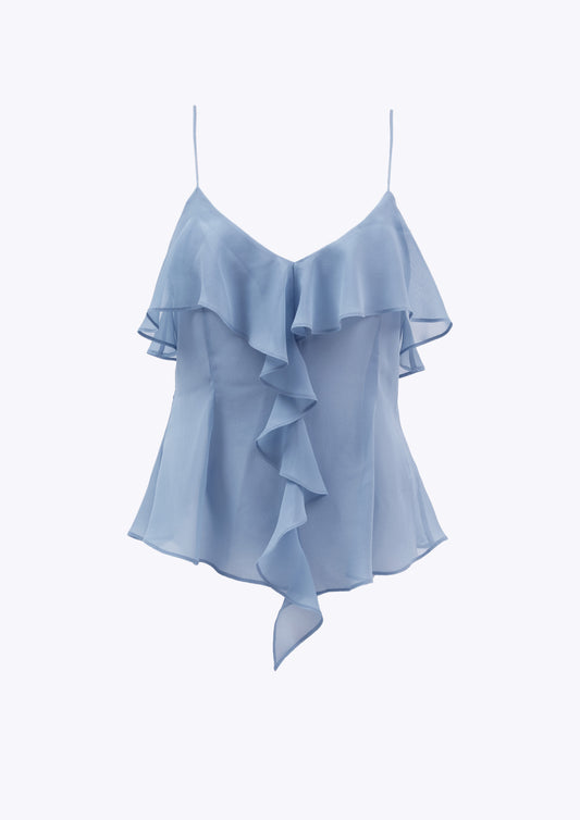 Pale blue ruffle front silk cami top