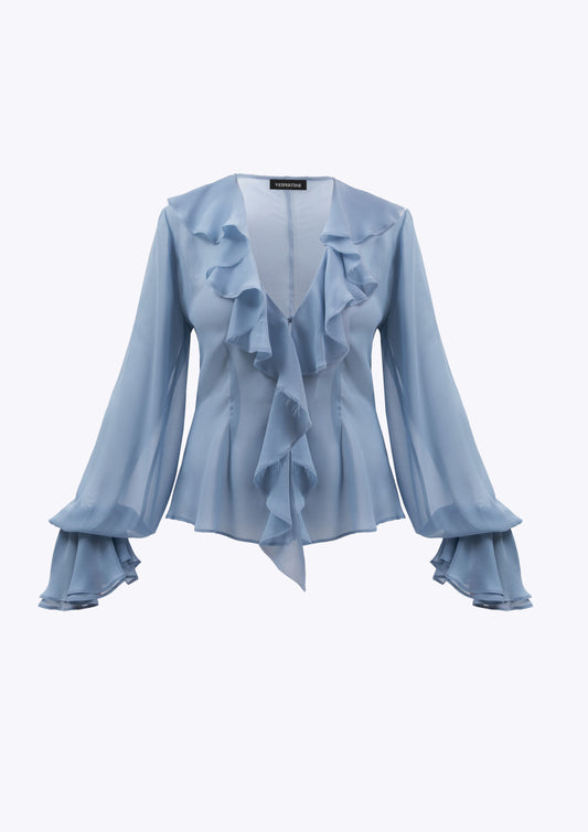 Pale blouse silk ruffle blouse with frill cuff