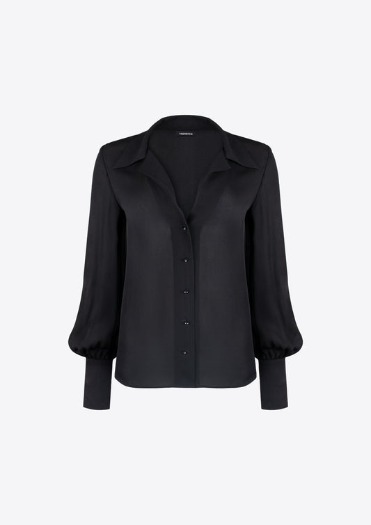 black silk open neck button down blouse