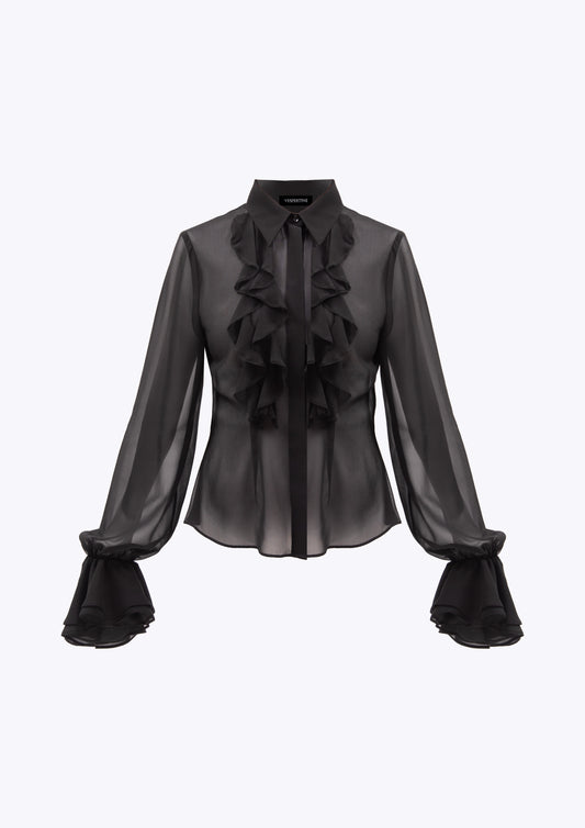 Black silk ruffle blouse with frill cuff