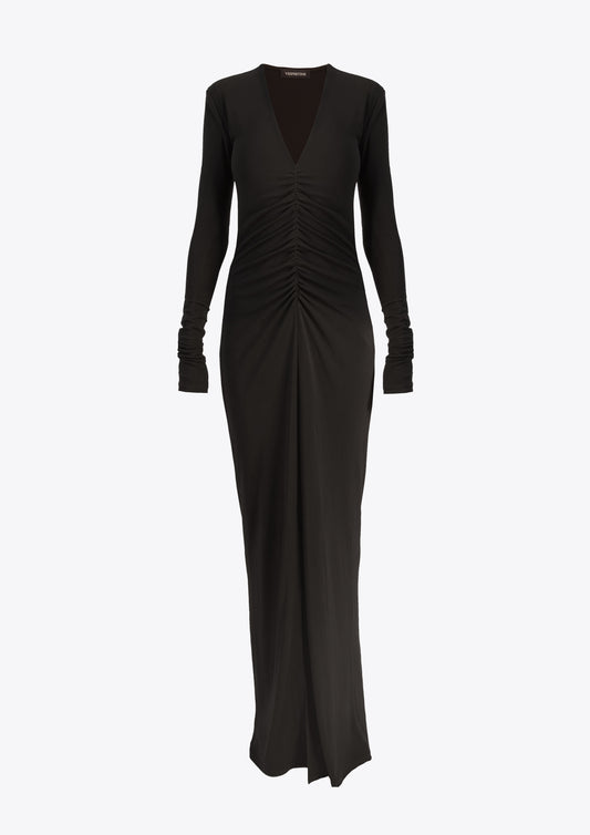 Black long sleeve low neck jersey maxi evening dress with open back