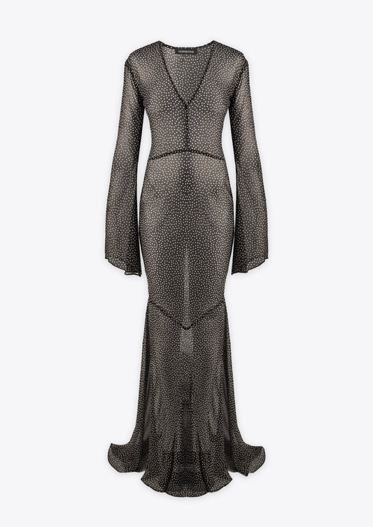 Black and white polka dot sheer silk low neck maxi dress