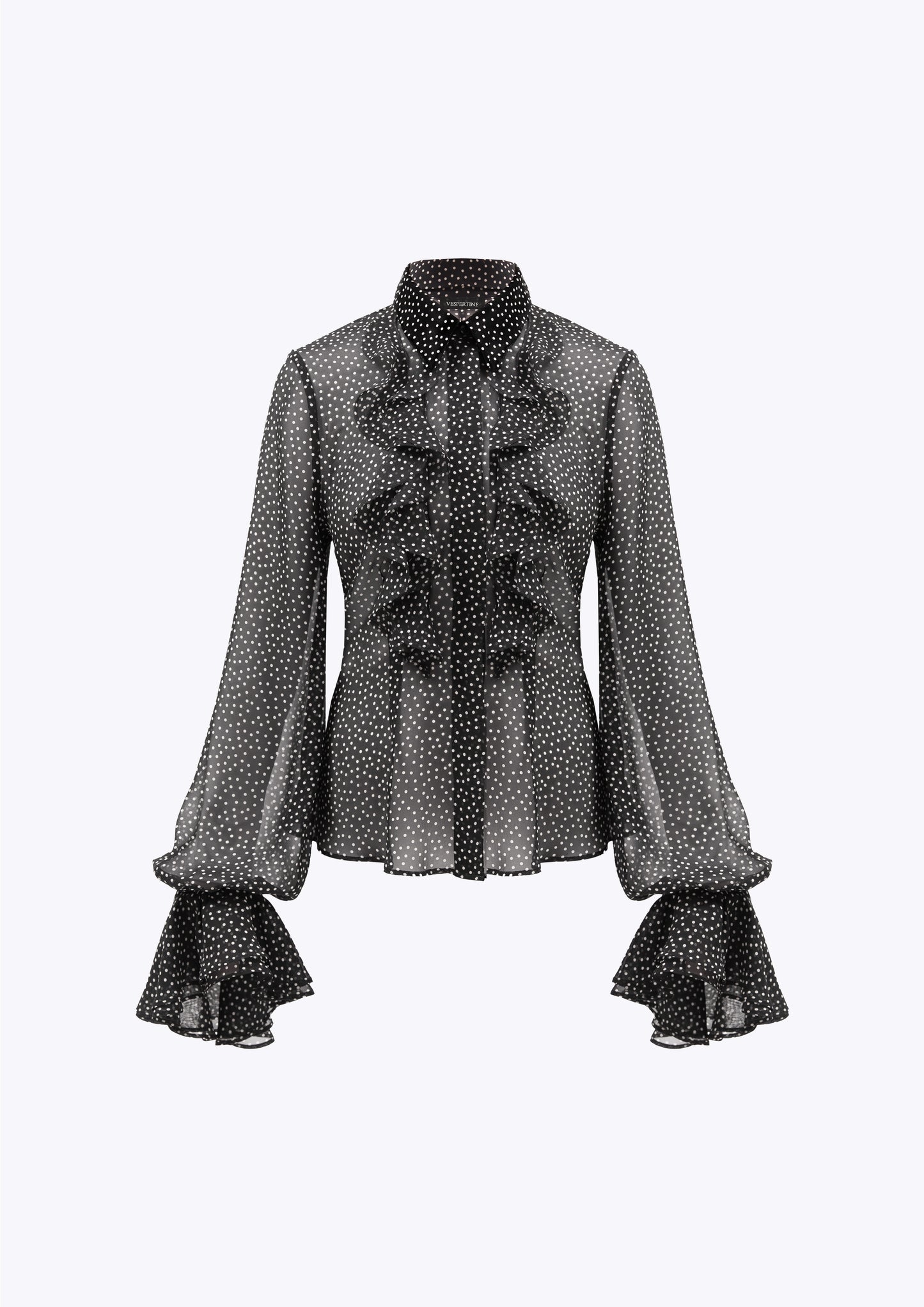 Black and white polka dot spot ruffle blouse with frill cuff