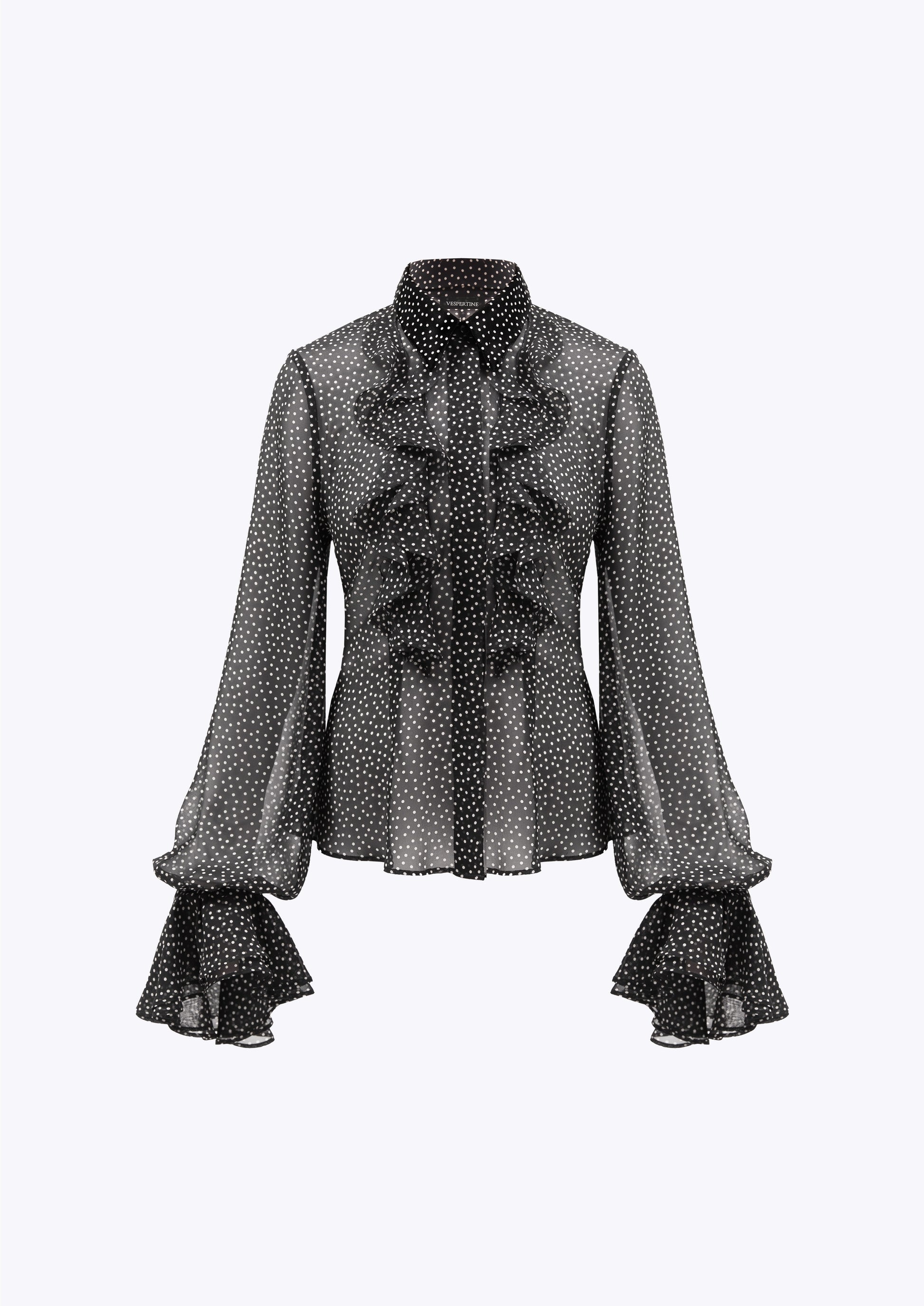 Black and white polka dot spot ruffle blouse with frill cuff