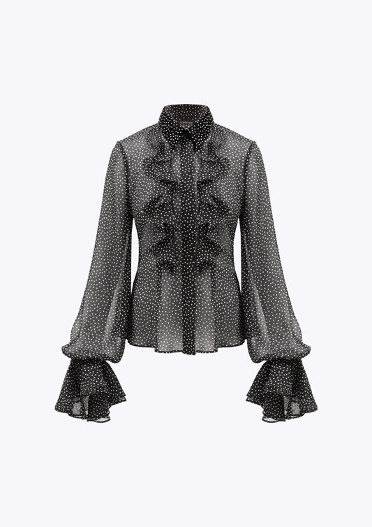 Black and white polka dot spot ruffle blouse with frill cuff