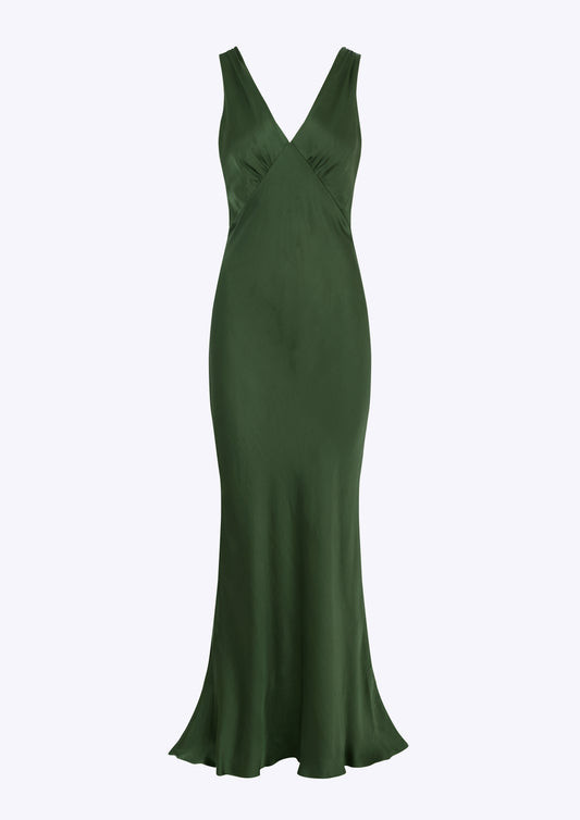 Dark green khaki vintage silk slip evening dress