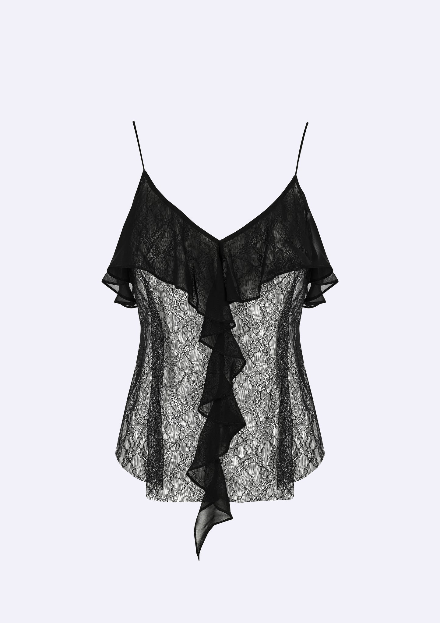 Black lace and silk cami evening top with ruffle