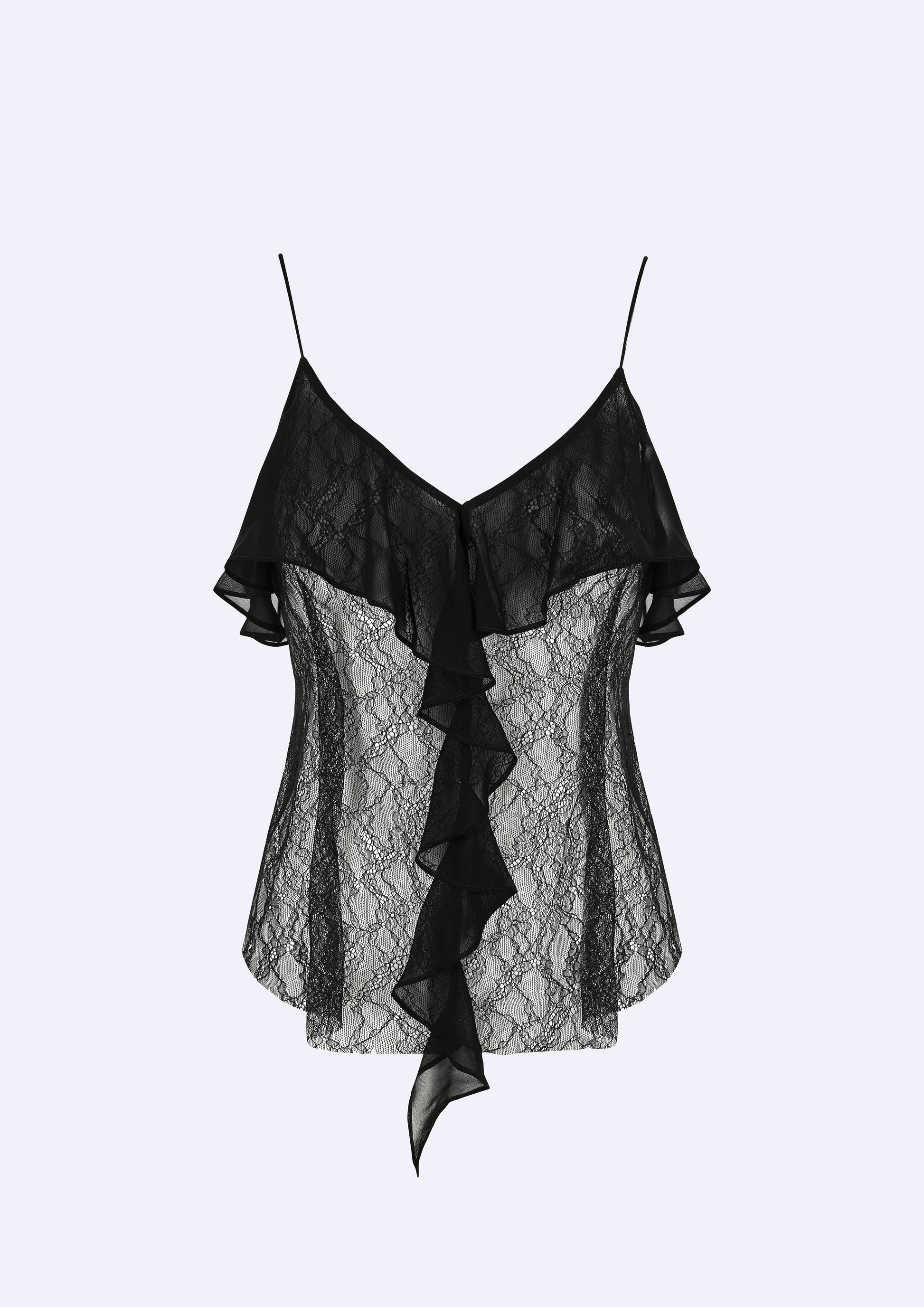 Black lace and silk cami evening top with ruffle