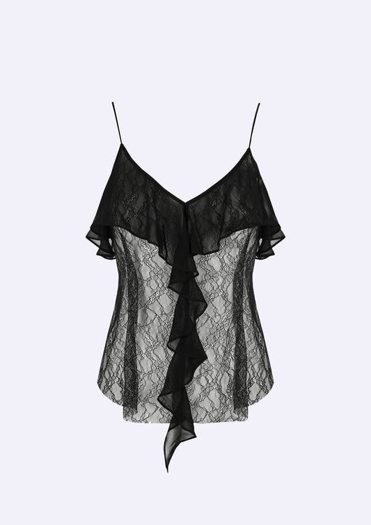 Black lace and silk cami evening top with ruffle