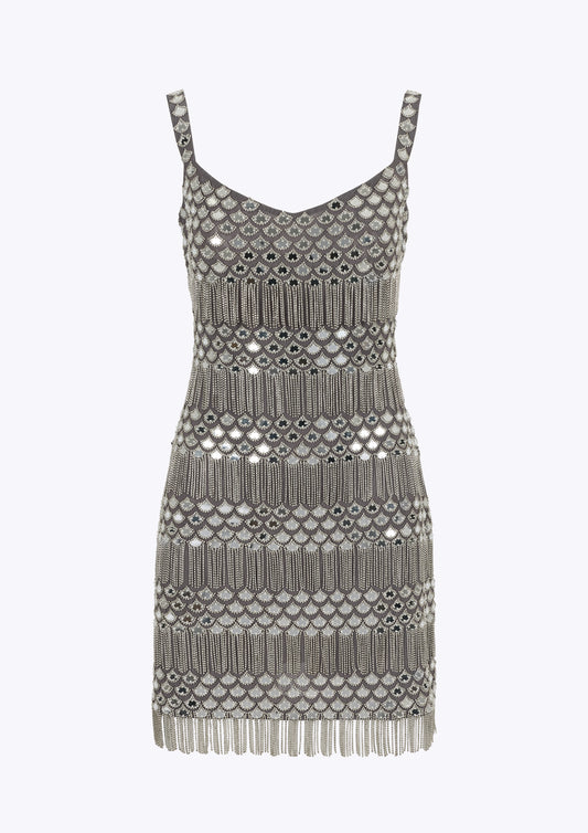 Embellished crystal diamante fringe sequin silver bodycon dress