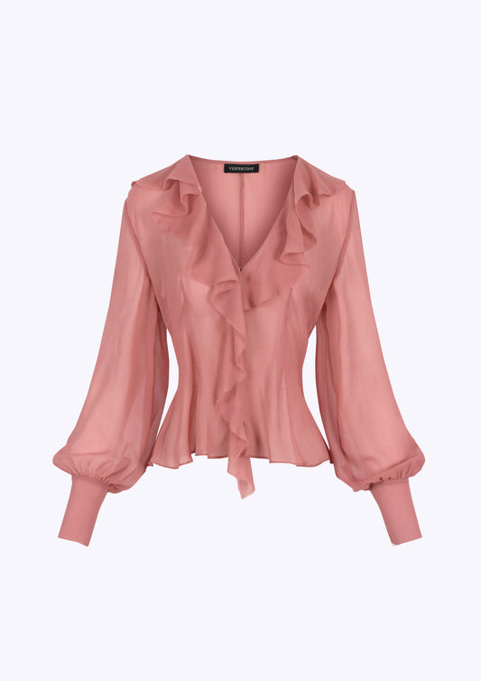 Pink silk ruffle neck button down blouse