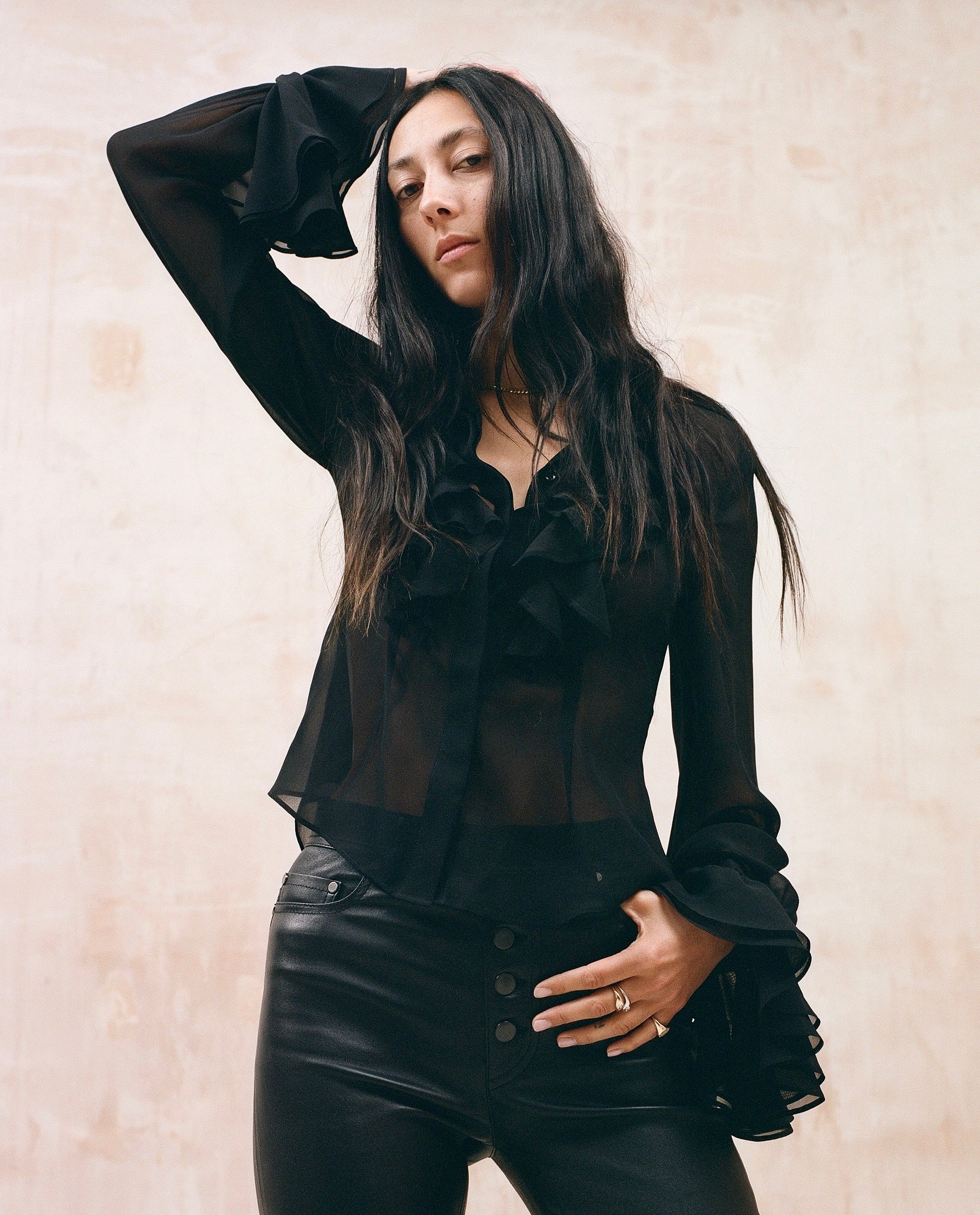 Black silk ruffle blouse with frill cuff
