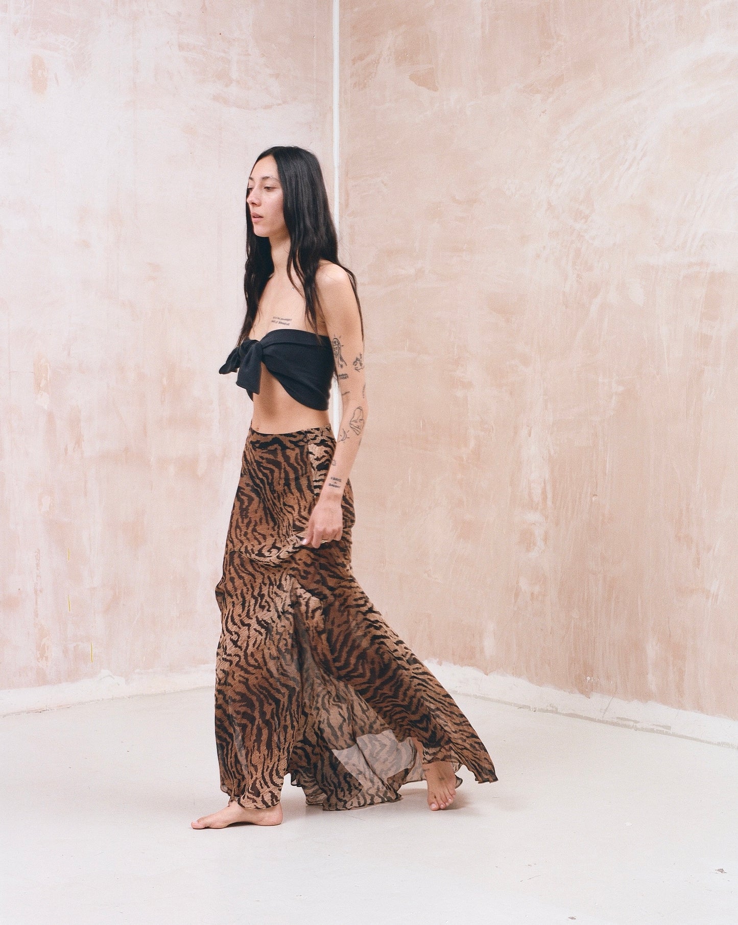 Leopard and tiger print silk maxi skirt