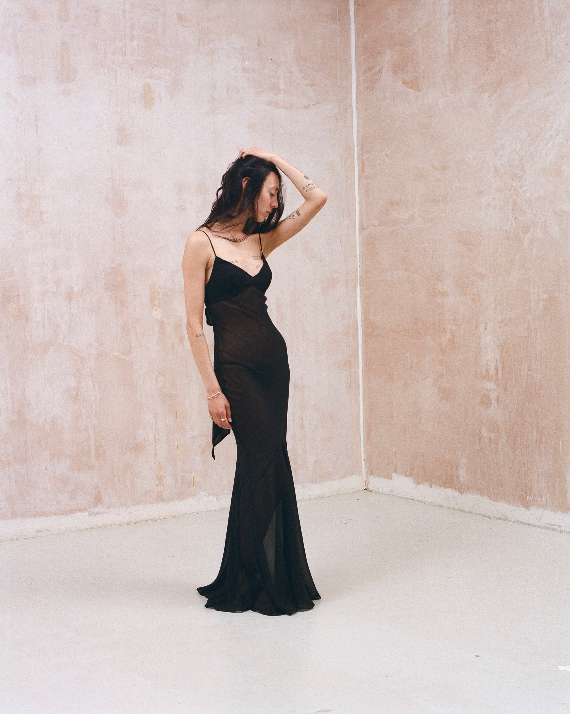 Black silk tie back maxi dress open back 