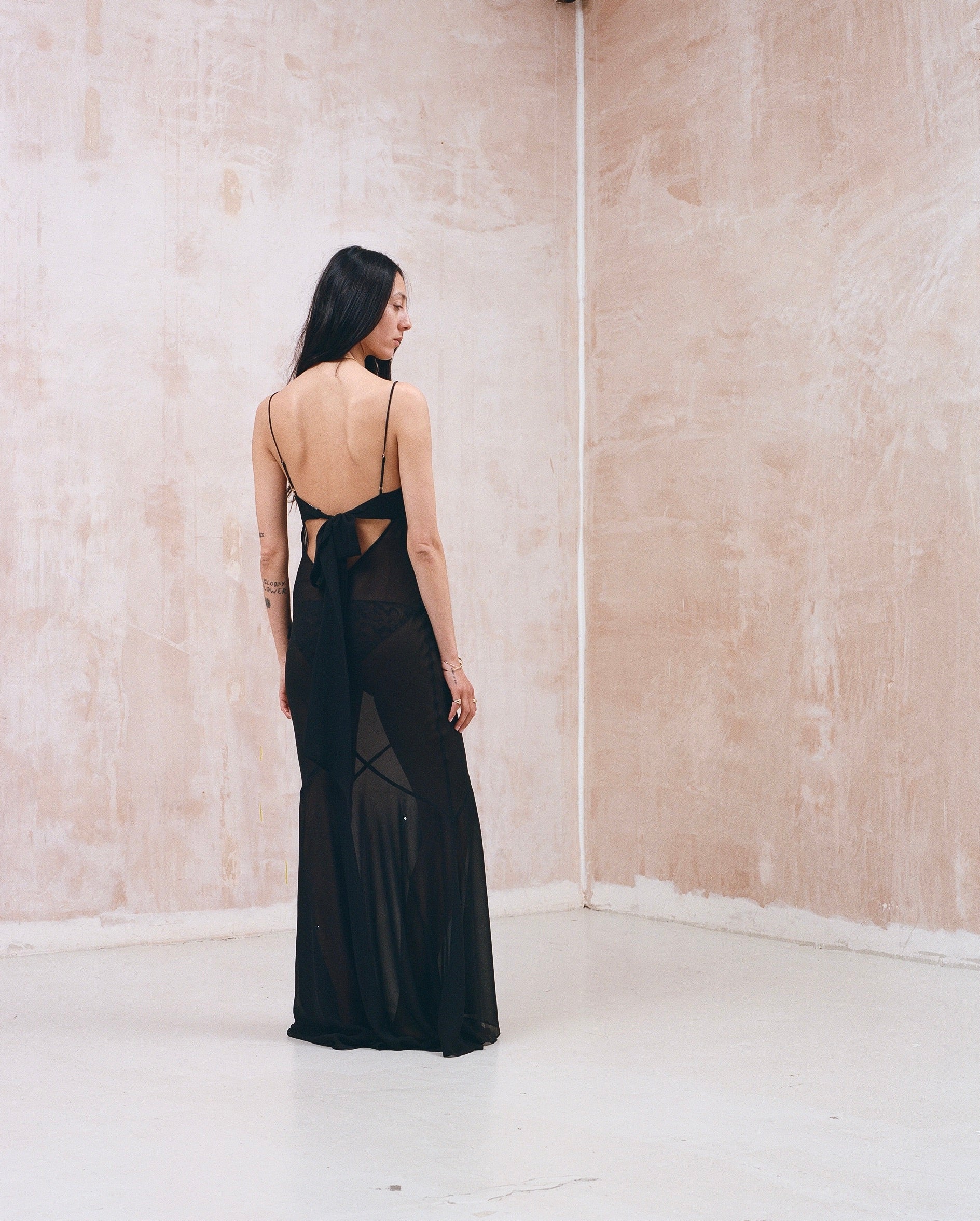 Black silk tie back maxi dress open back 