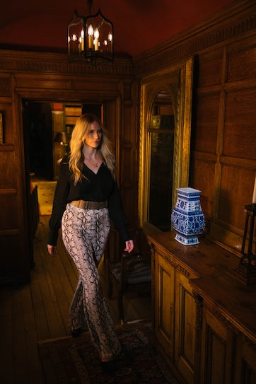 Snake print silk flares flared trousers 