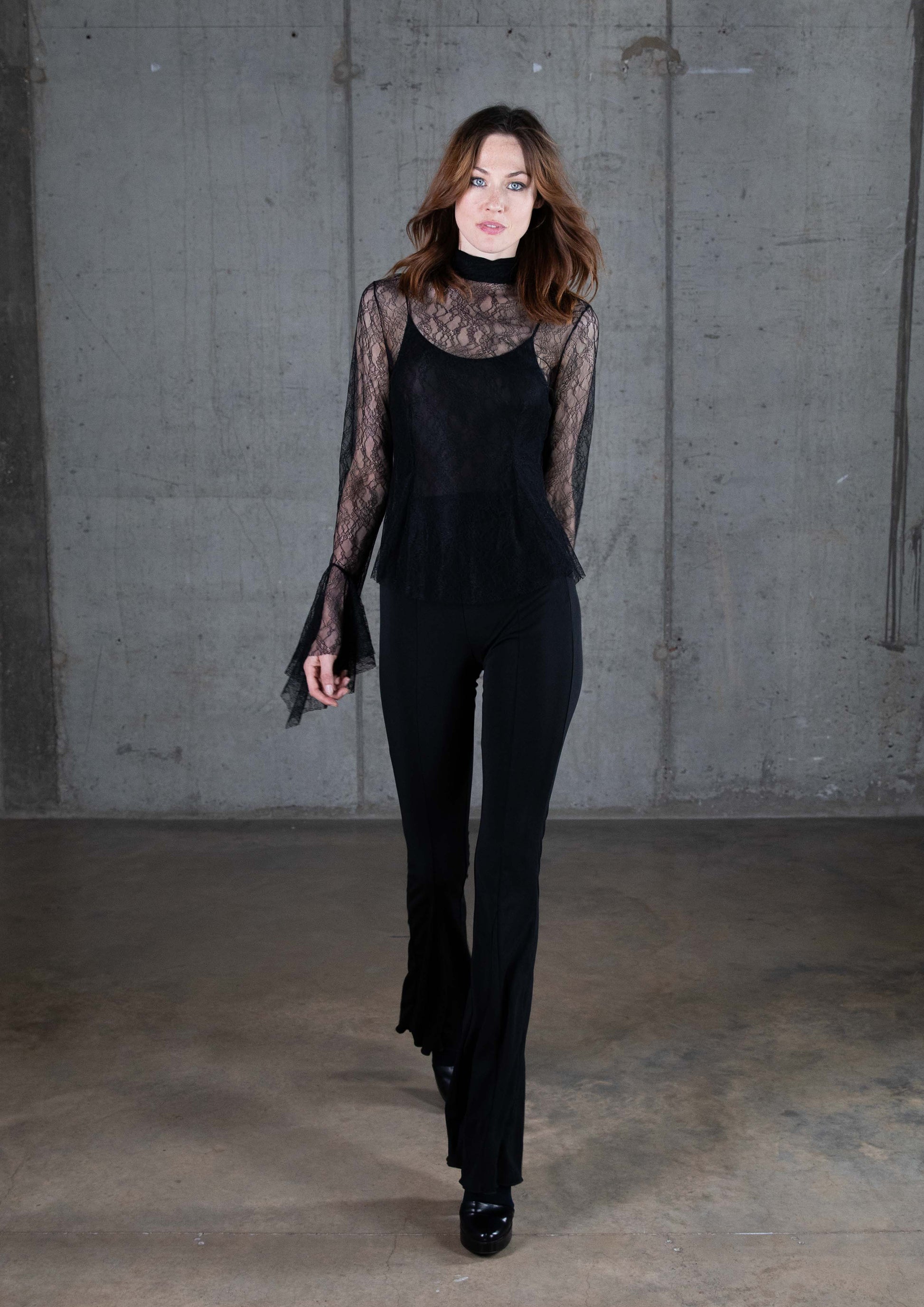 Delicate Lace frill sleeve tie neck evening top
