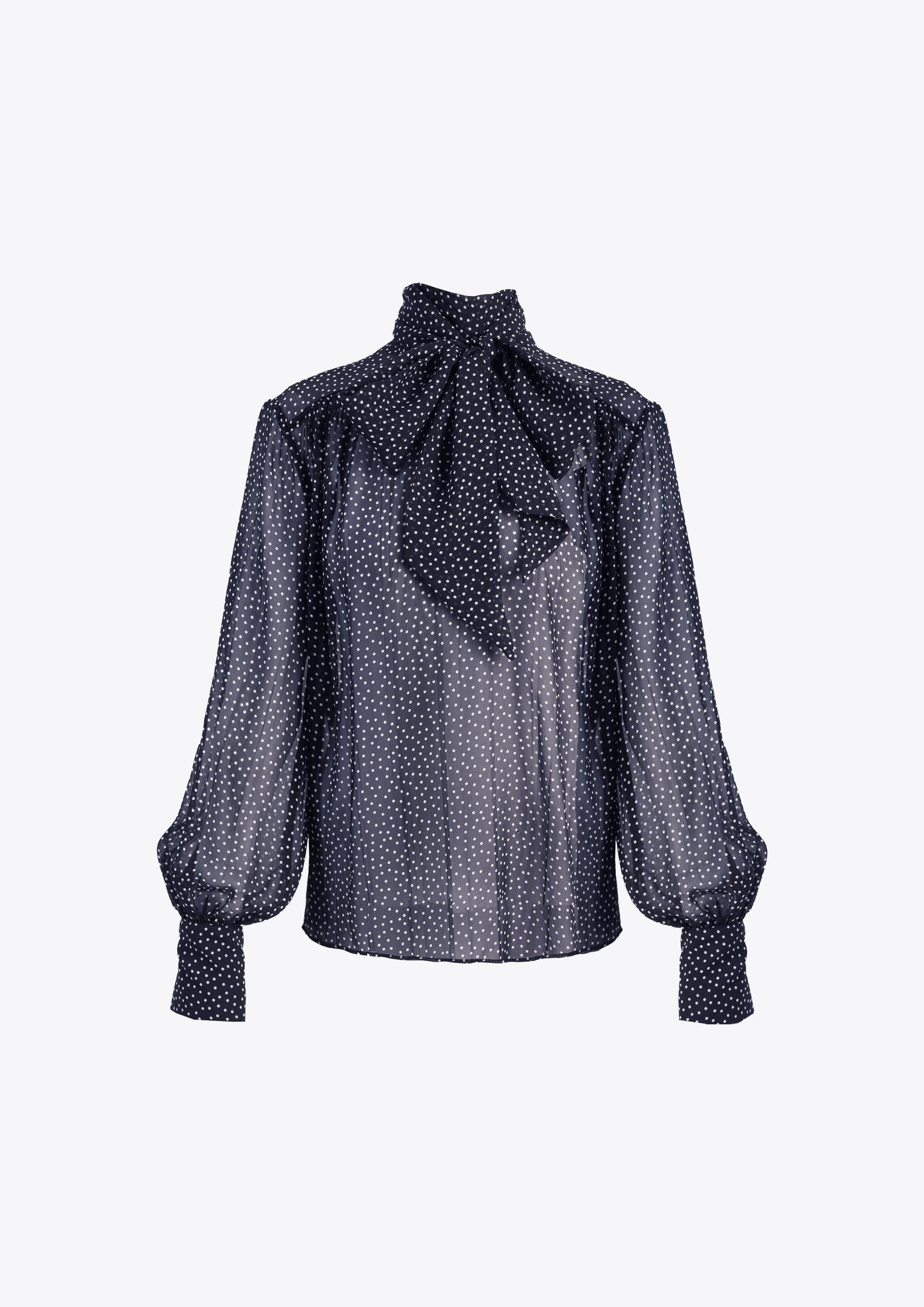 Navy and white polka dot spot silk  tie neck pussy bow blouse