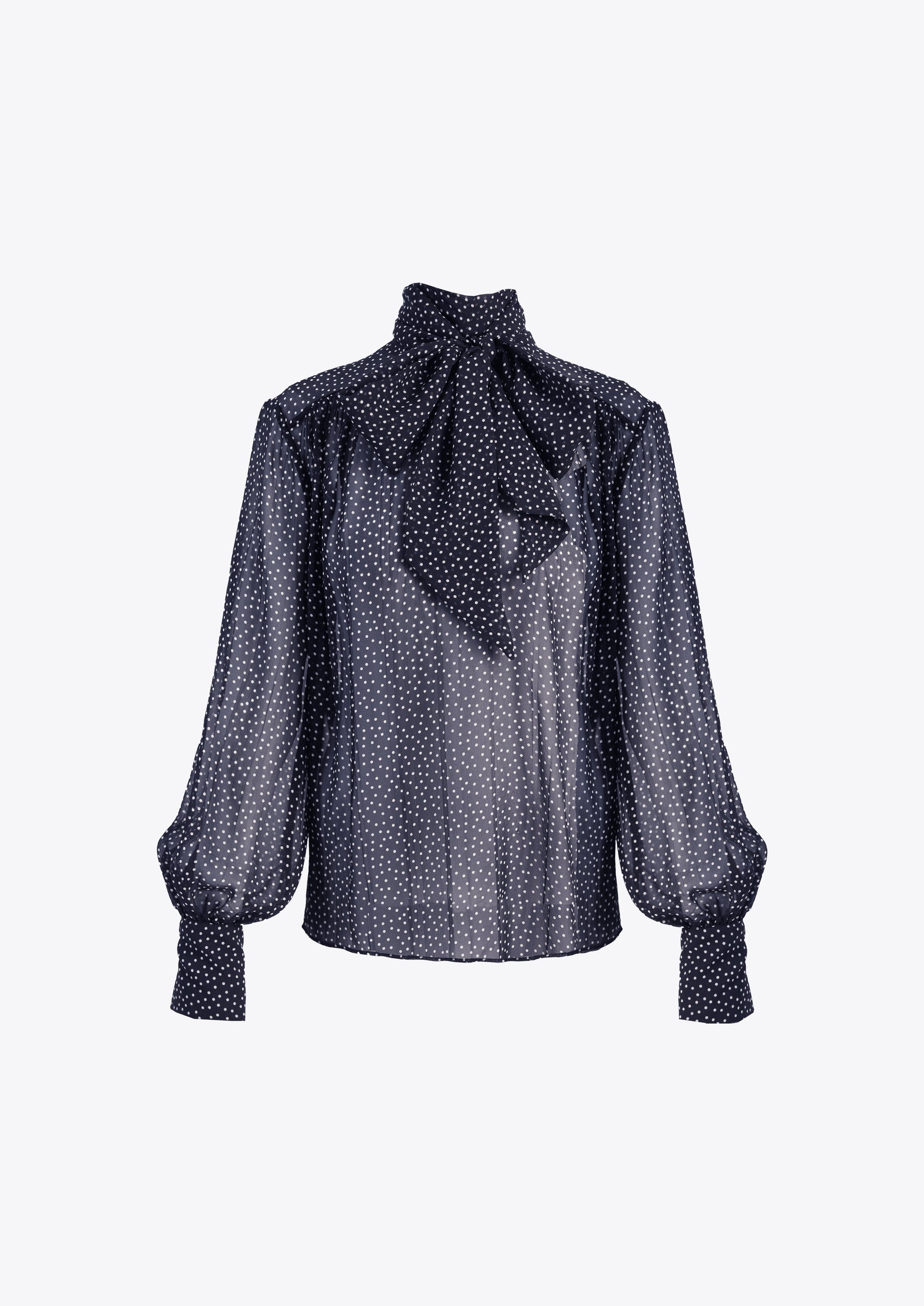 Navy and white polka dot spot silk  tie neck pussy bow blouse