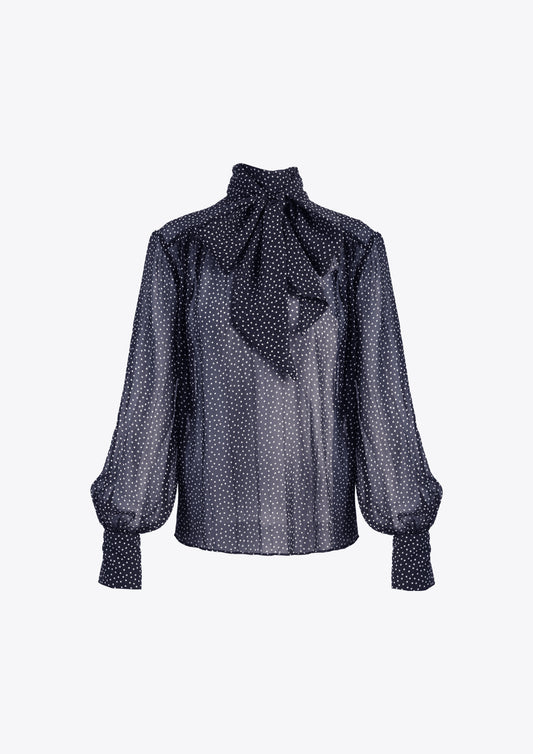 Navy and white polka dot spot silk  tie neck pussy bow blouse