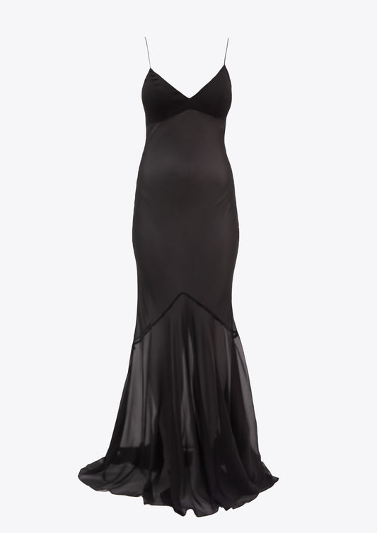 Black silk tie back maxi dress open back