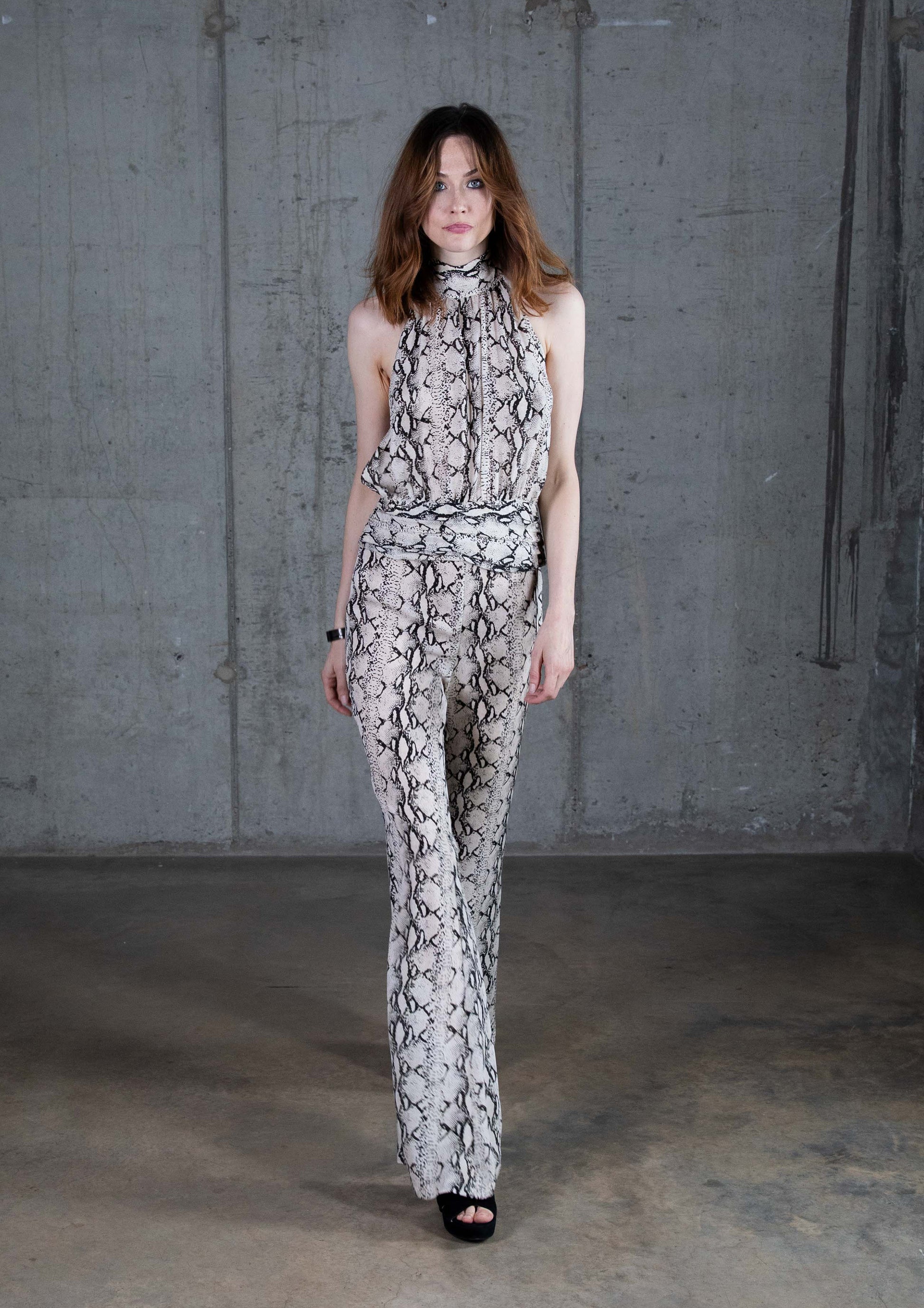 Snake print silk flares flared trousers 