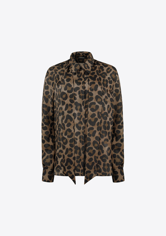Leopard print silk button through shirt with   tie neck 