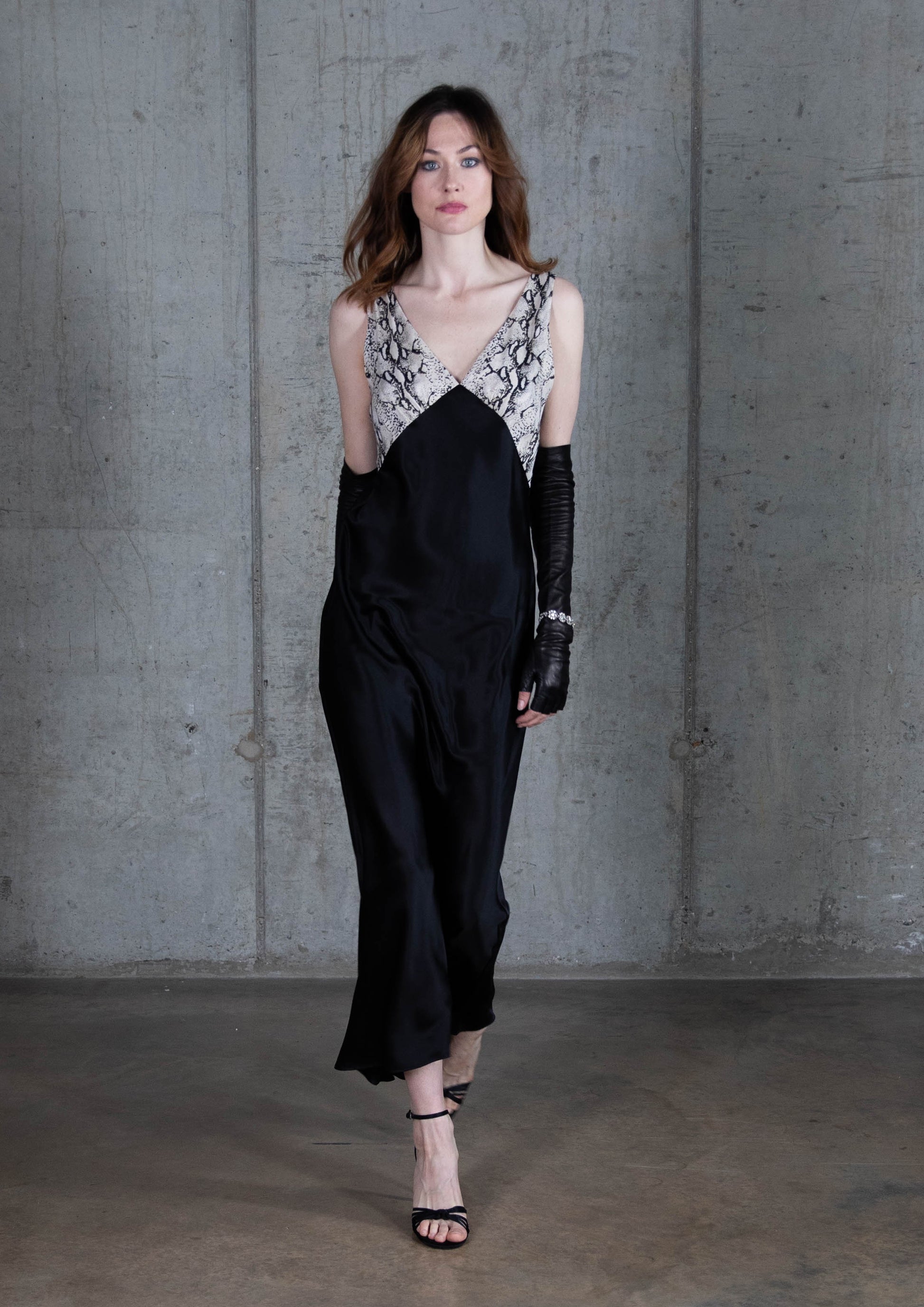 Snake print and black silk satin vintage slip dress