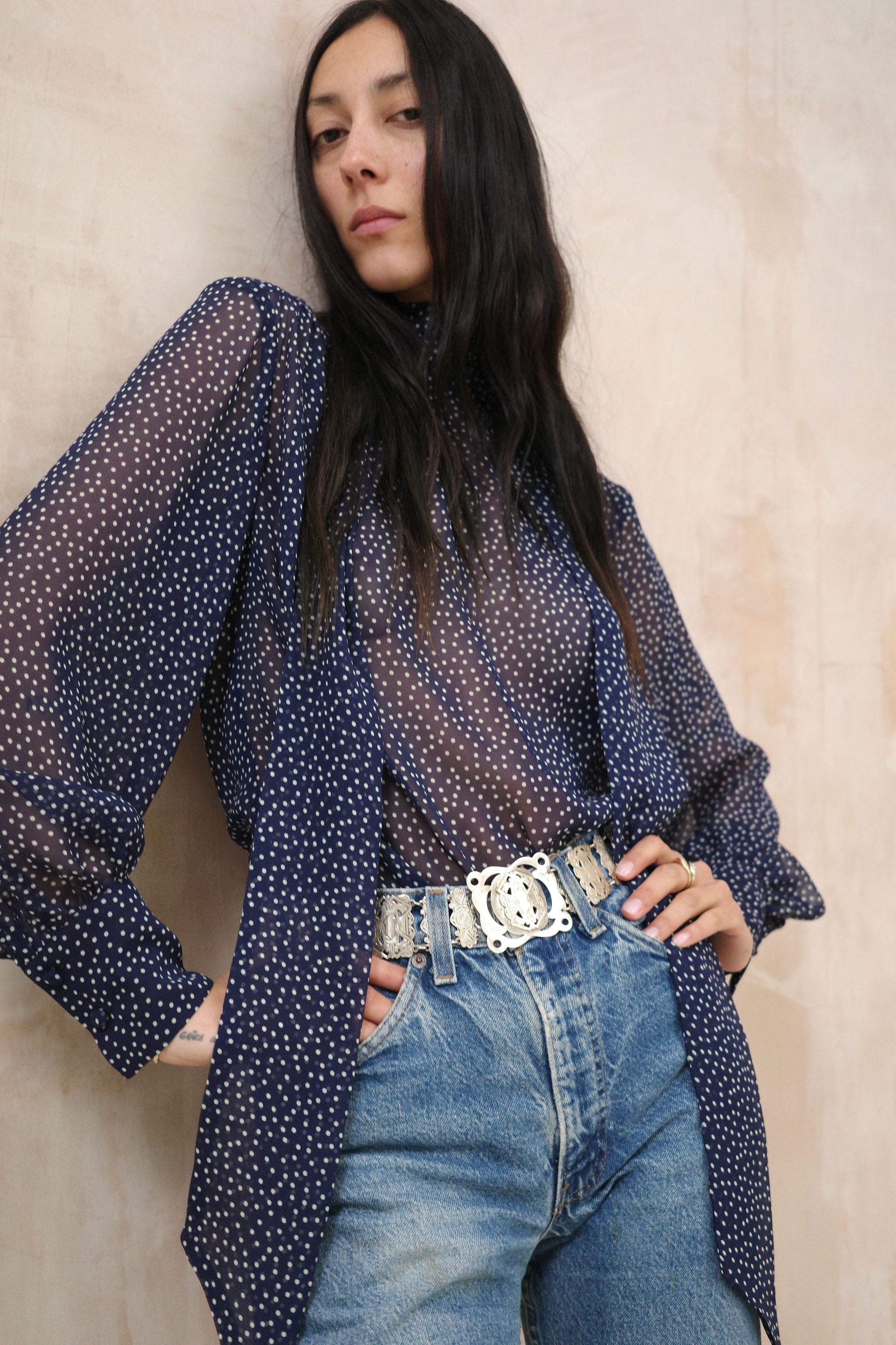 Navy and white polka dot spot silk  tie neck pussy bow blouse