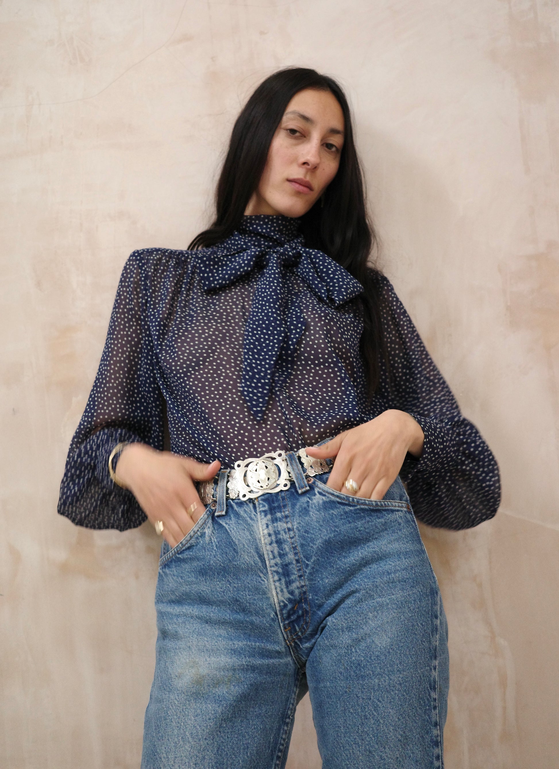 Navy and white polka dot spot silk  tie neck pussy bow blouse