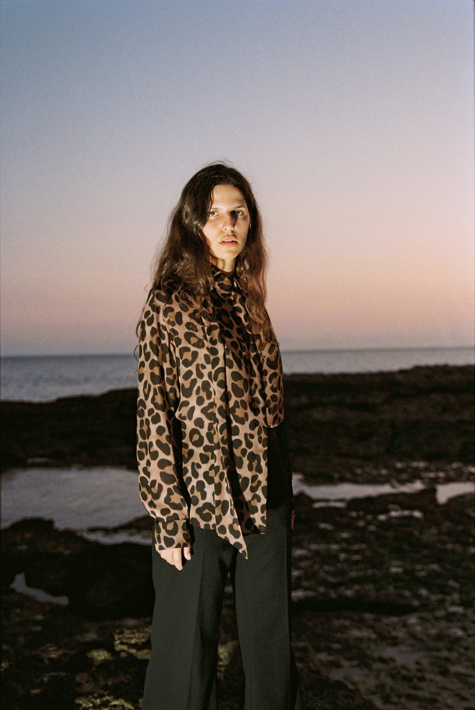 Leopard print silk button through shirt with   tie neck 