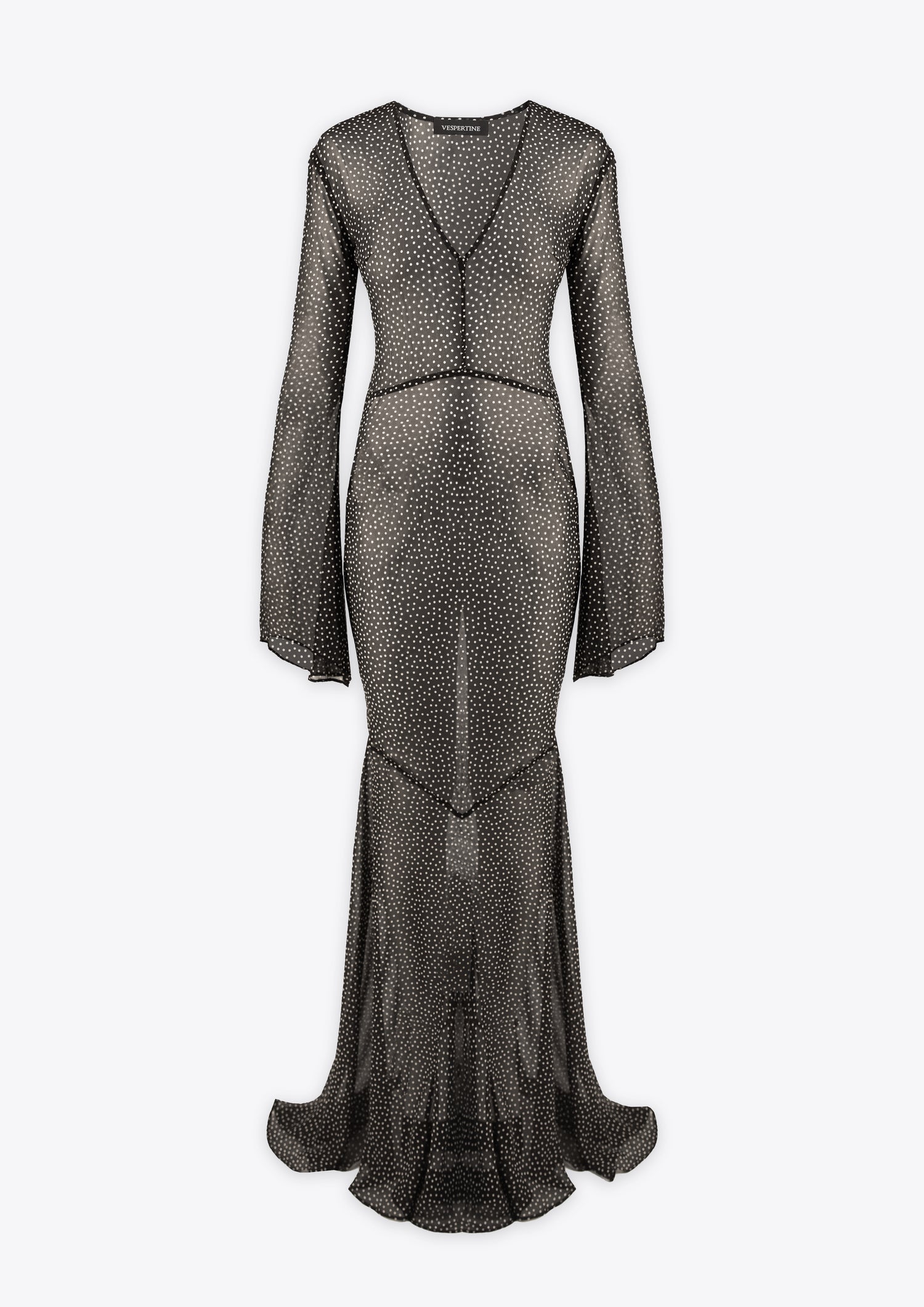 Black and white polka dot sheer silk low neck maxi dress
