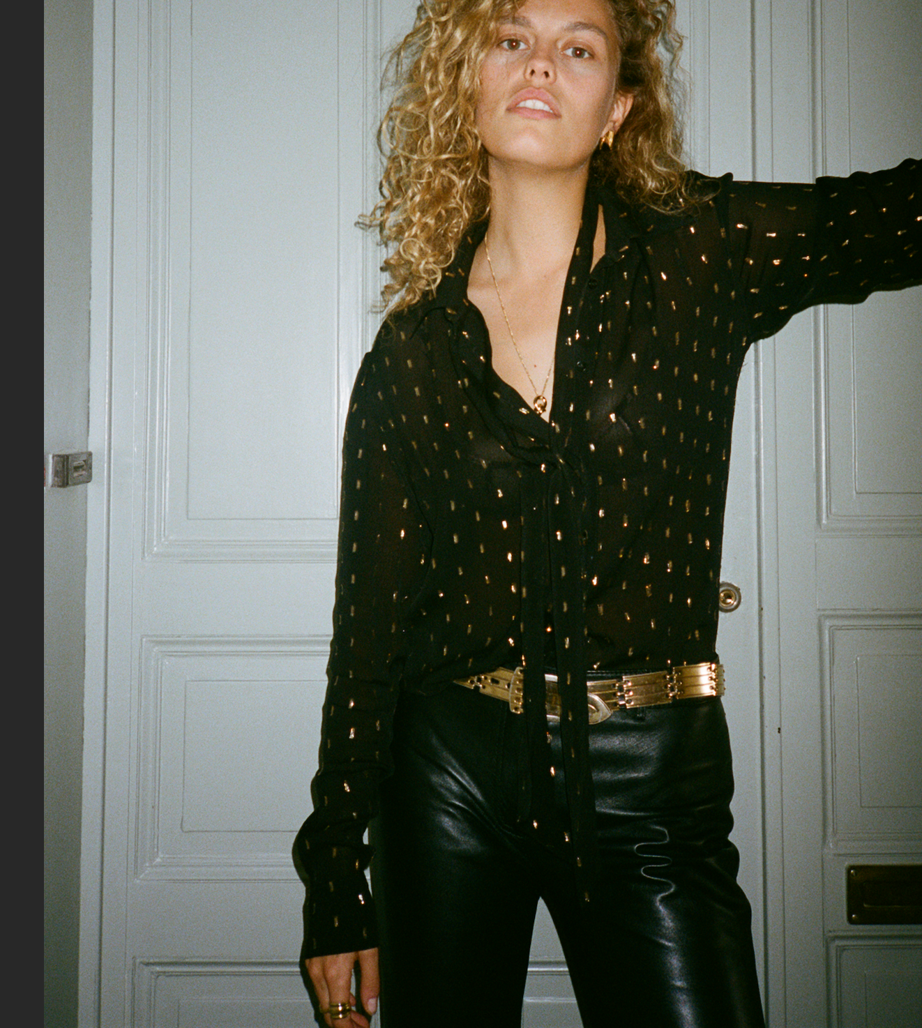 Gold fleck tick neck button through shirt