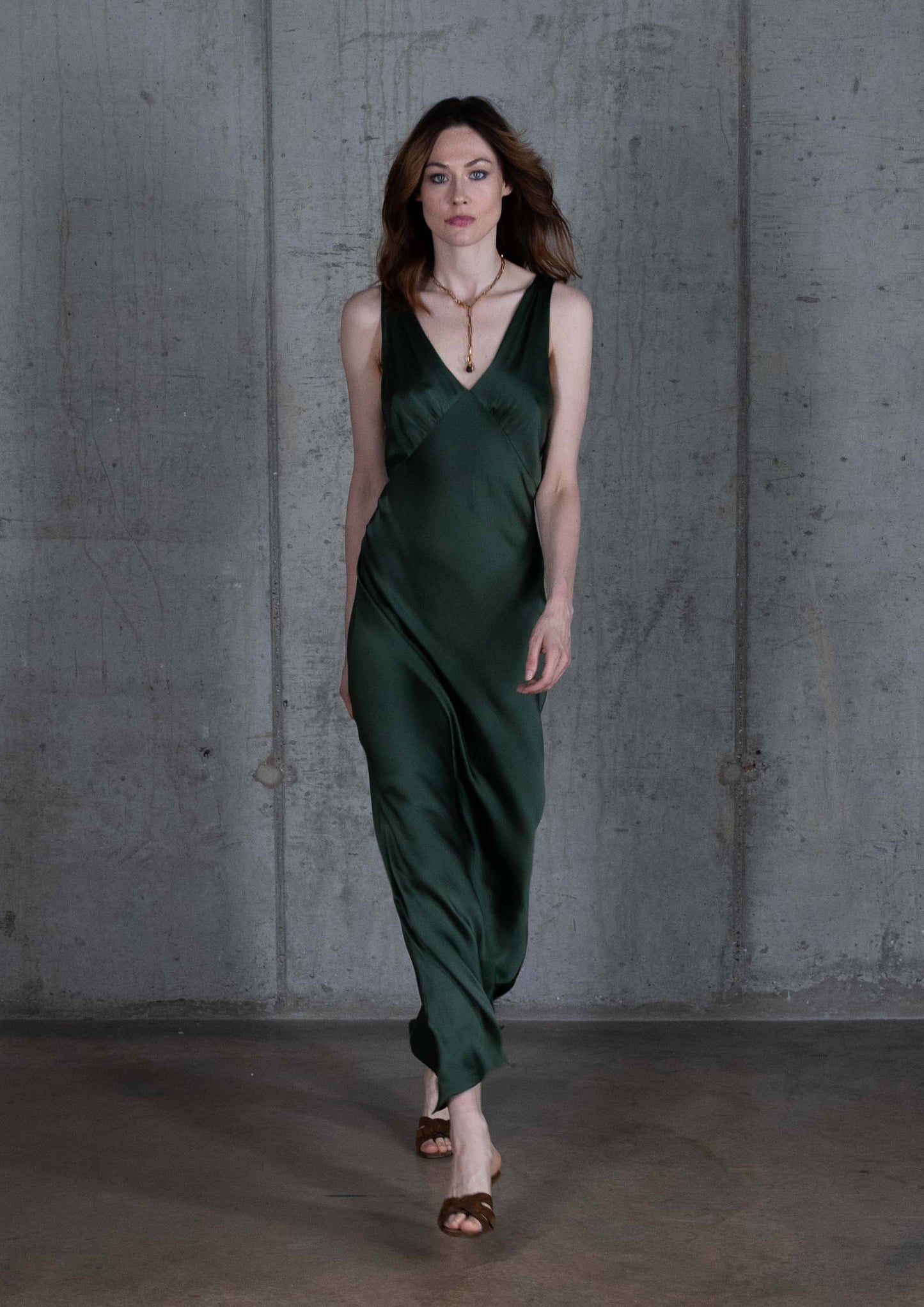 Dark green khaki vintage silk slip evening dress
