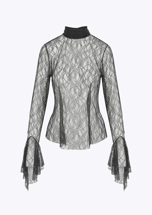 Delicate Lace frill sleeve tie neck evening top