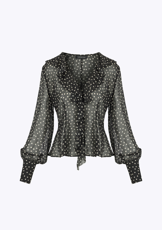 Black and white silk polka dot ruffle front button down blouse