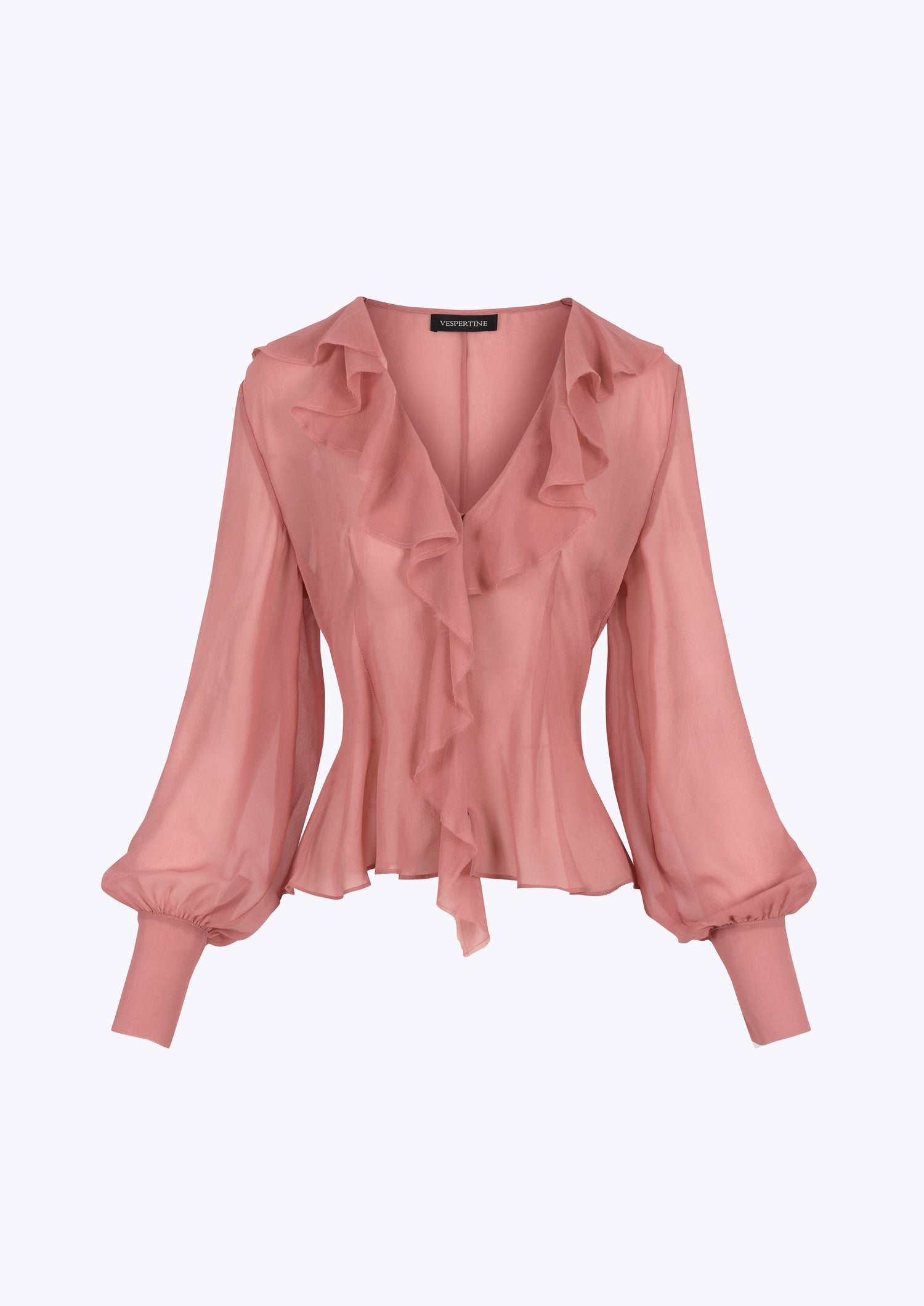 Pink silk ruffle neck button down blouse 